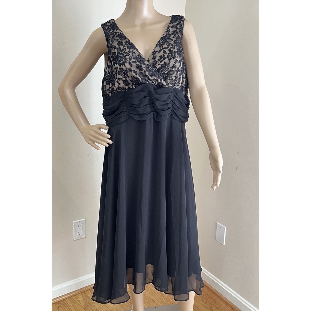 Studio 1940 Midi Dress Womens 16 Black Lace Beaded Ruched Cocktail Evening Party - Picture 12 of 12